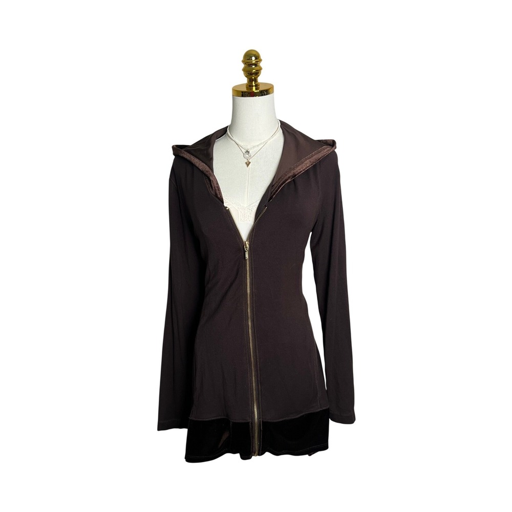 Zenergy by Chicos Brown Velvet Trim Zip Up Hoodie Tunic Jacket Womens Size 1 M